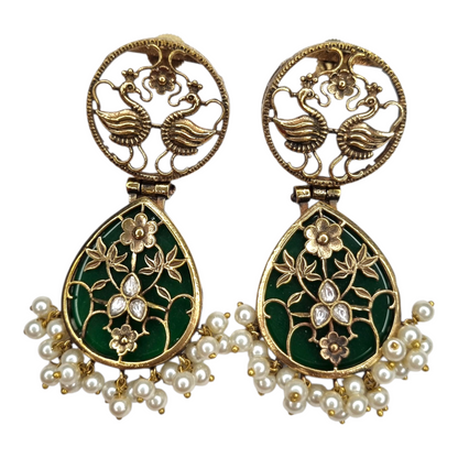 Traditional Indian Peacock Dangle Earrings with Green Enamel & Pearl Drops