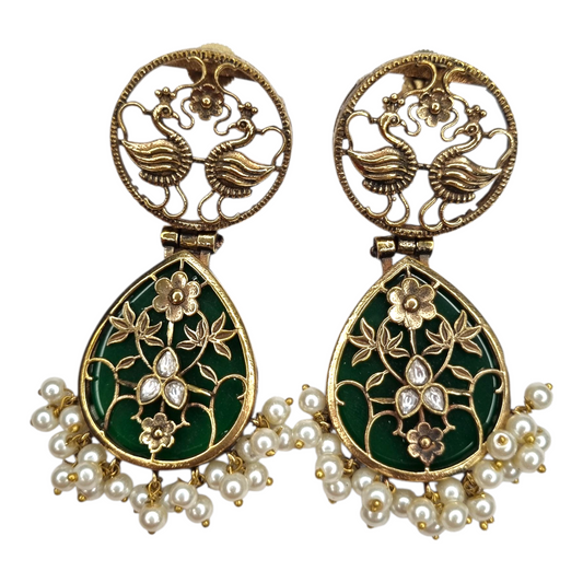Traditional Indian Peacock Dangle Earrings with Green Enamel & Pearl Drops