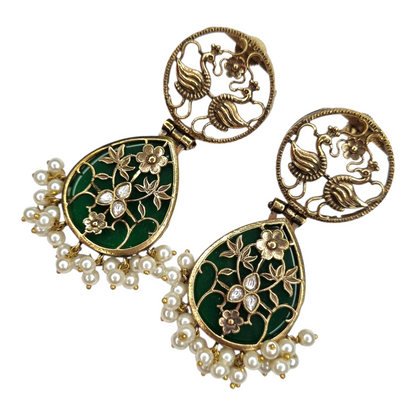 Traditional Indian Peacock Dangle Earrings with Green Enamel & Pearl Drops