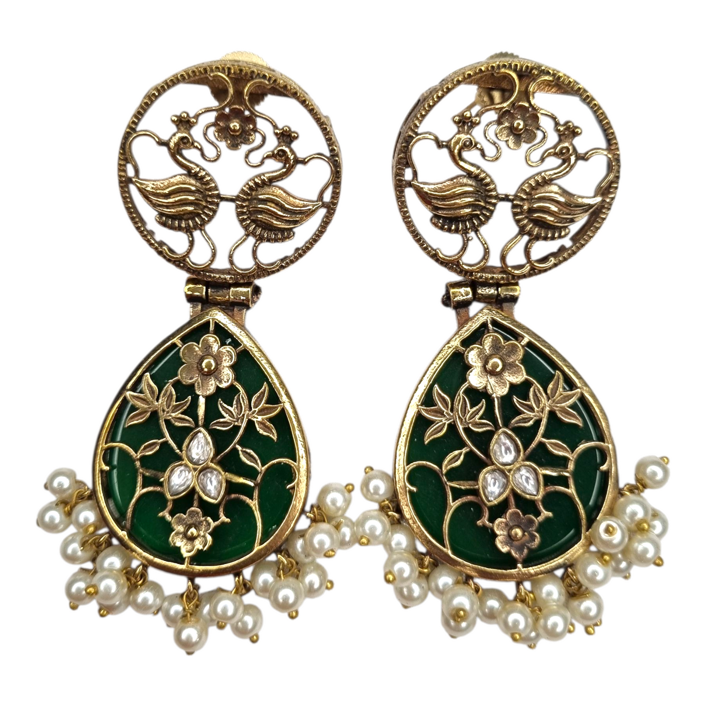 Traditional Indian Peacock Dangle Earrings with Green Enamel & Pearl Drops