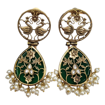 Traditional Indian Peacock Dangle Earrings with Green Enamel & Pearl Drops