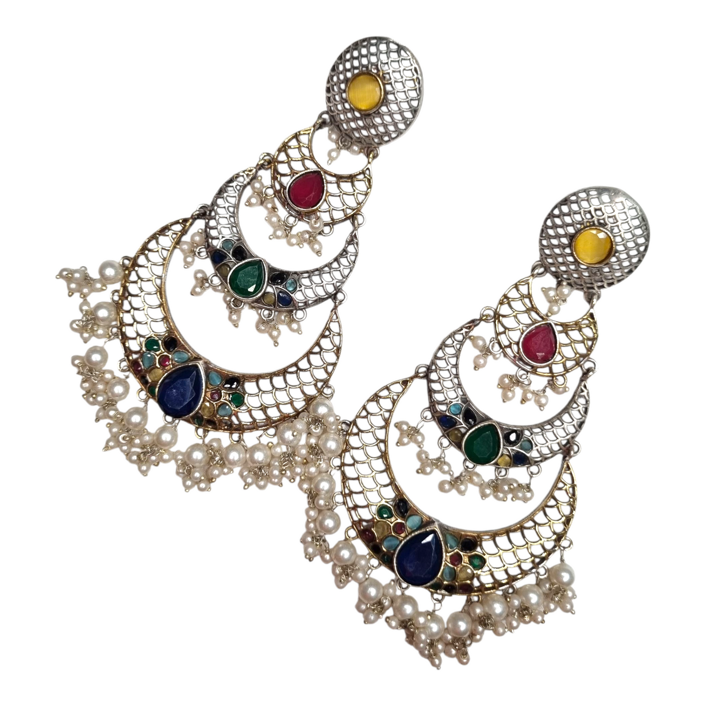 Kundan-Style Multi-Stone & Pearl Ghungroo Brass Chandbali Earrings