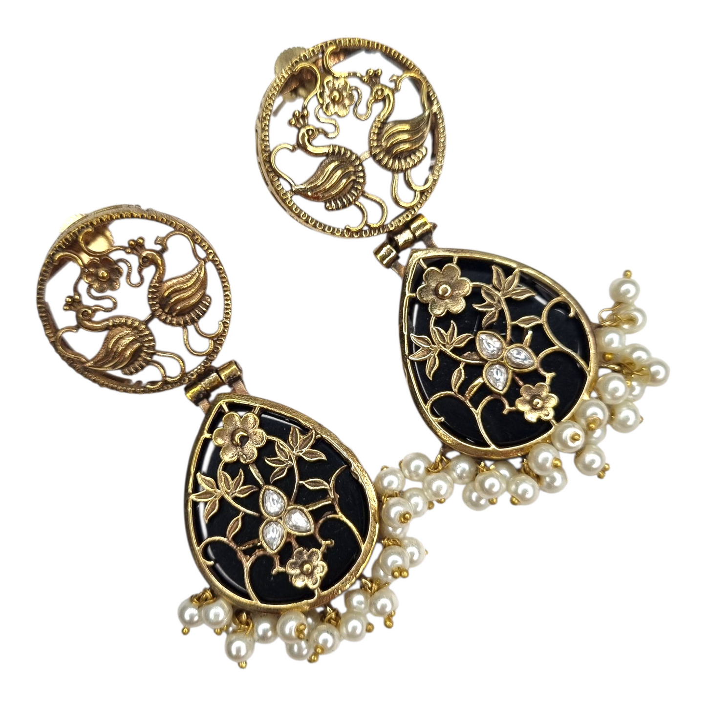 Traditional Indian Peacock Dangle Earrings with Black Enamel & Pearl Drops