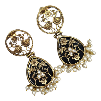Traditional Indian Peacock Dangle Earrings with Black Enamel & Pearl Drops