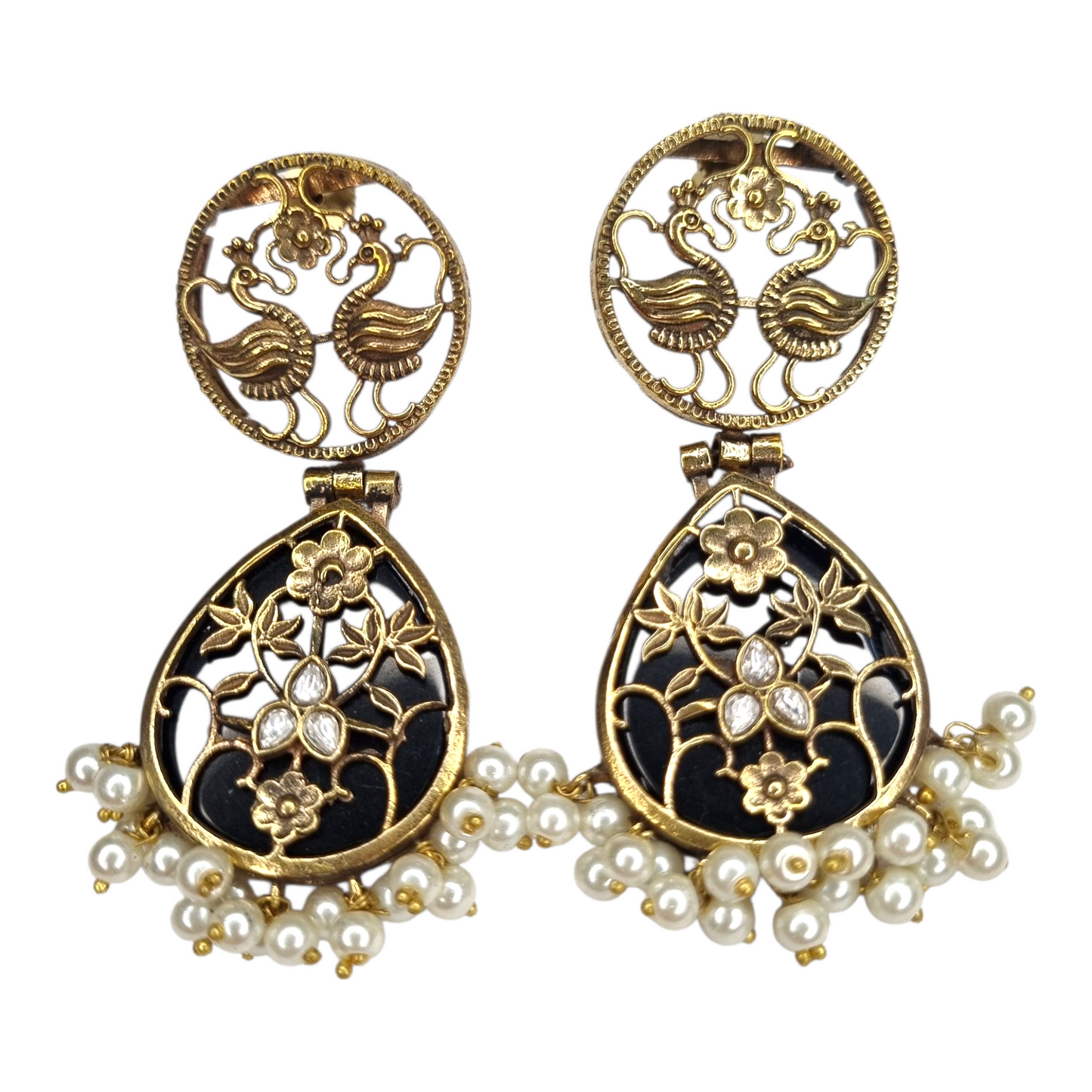 Traditional Indian Peacock Dangle Earrings with Black Enamel & Pearl Drops