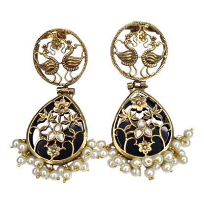 Traditional Indian Peacock Dangle Earrings with Black Enamel & Pearl Drops