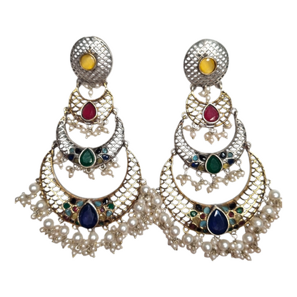 Kundan-Style Multi-Stone & Pearl Ghungroo Brass Chandbali Earrings