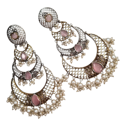 Traditional Kundan-Style Chandbali Earrings, Antique Silver  Stones with Pearl Clusters, Brass Lattice Design