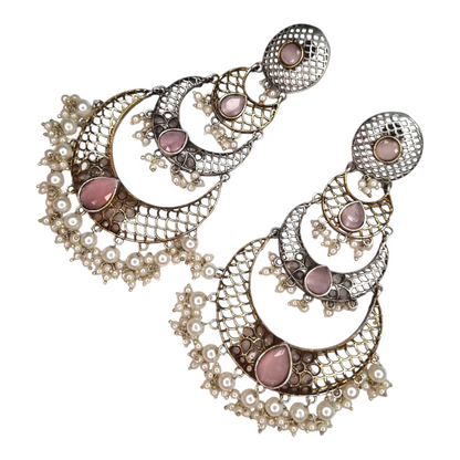 Traditional Kundan-Style Chandbali Earrings, Antique Silver  Stones with Pearl Clusters, Brass Lattice Design