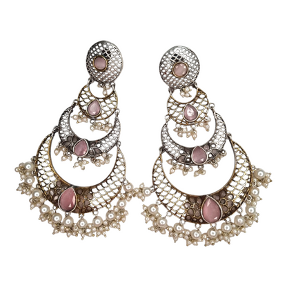 Traditional Kundan-Style Chandbali Earrings, Antique Silver  Stones with Pearl Clusters, Brass Lattice Design