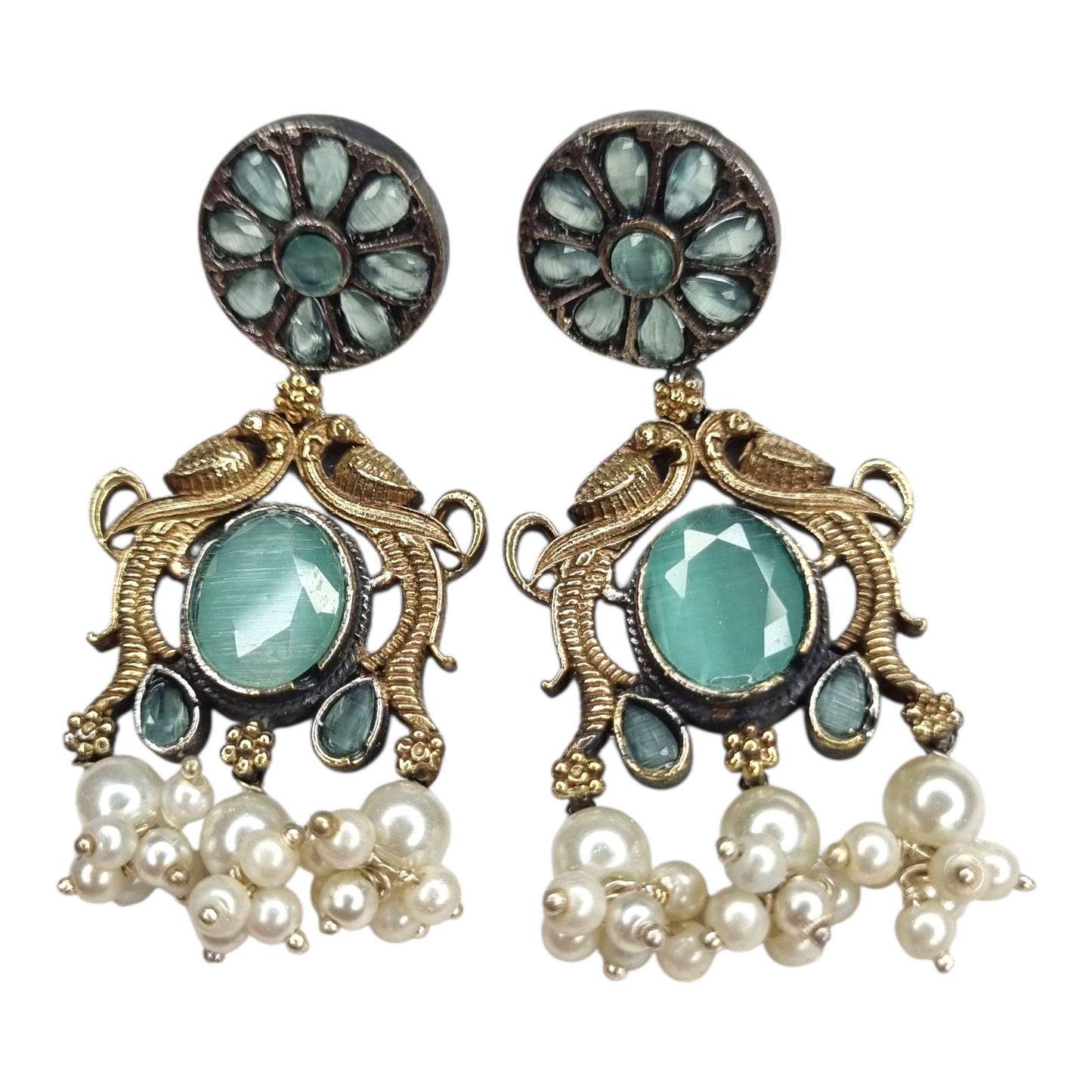 Mayur Navratan Peacock Earrings with Pink Stone & Pearl Ghungroos