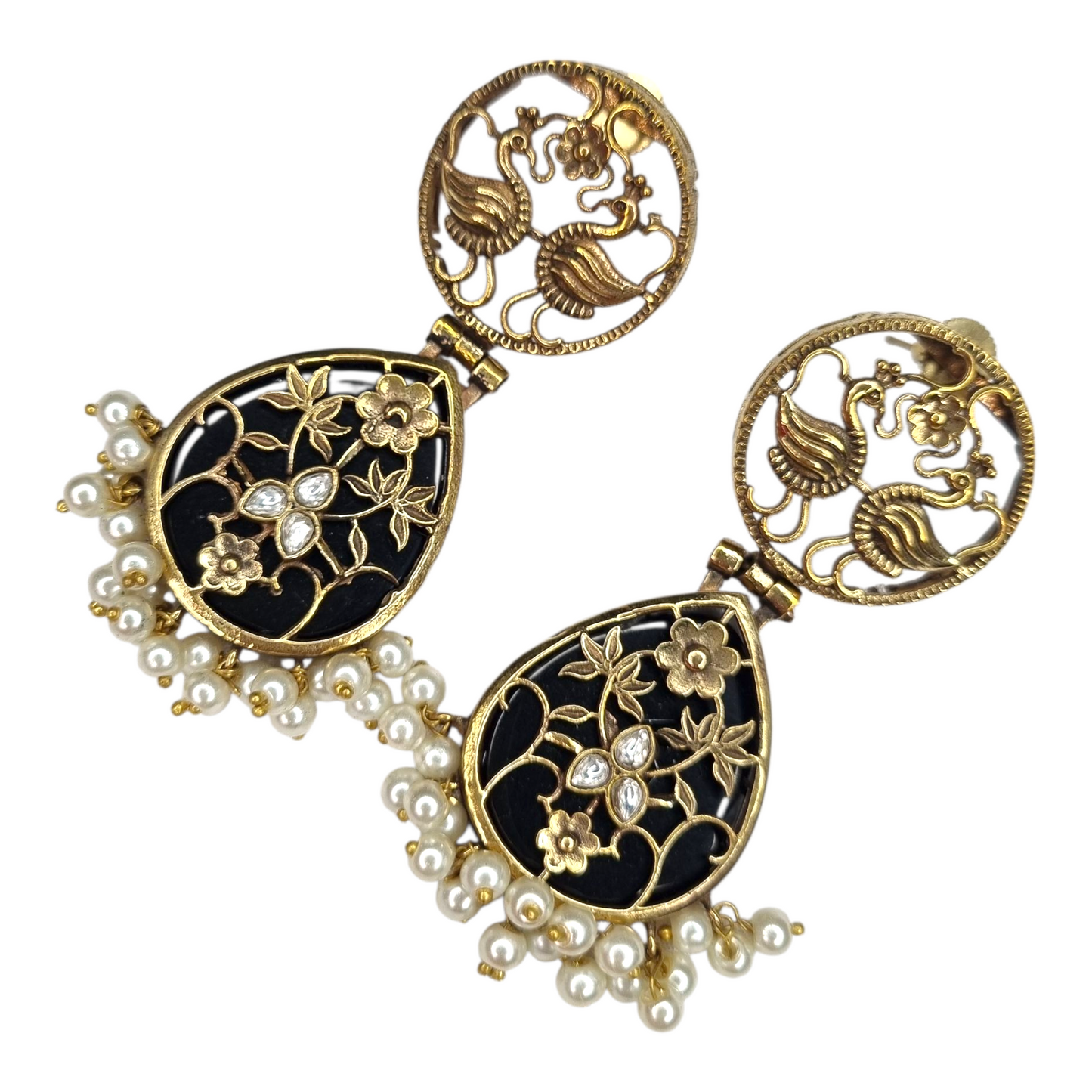 Traditional Indian Peacock Dangle Earrings with Black Enamel & Pearl Drops