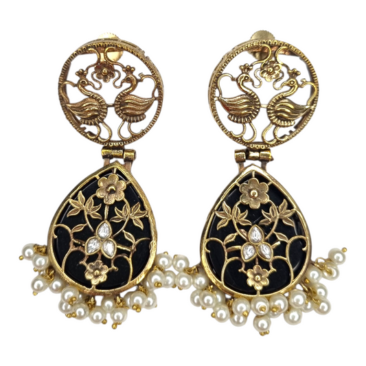 Traditional Indian Peacock Dangle Earrings with Black Enamel & Pearl Drops