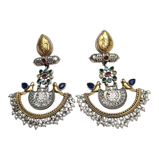 Vintage Peacock Dangler Earrings with Colorful Gem Accents