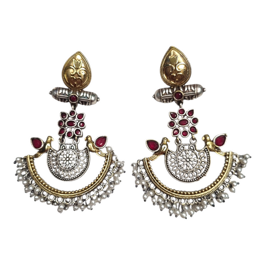 Vintage Peacock Dangler Earrings with Colorful Gem Accents (Red Color)