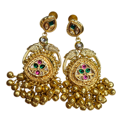 Antique Gold Plated Jhumkas with Rani Pink & Green Meenakari Work