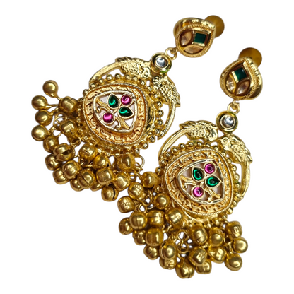 Antique Gold Plated Jhumkas with Rani Pink & Green Meenakari Work