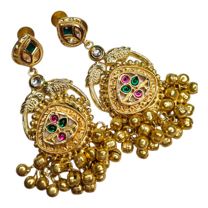 Antique Gold Plated Jhumkas with Rani Pink & Green Meenakari Work
