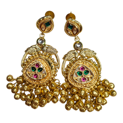 Antique Gold Plated Jhumkas with Rani Pink & Green Meenakari Work