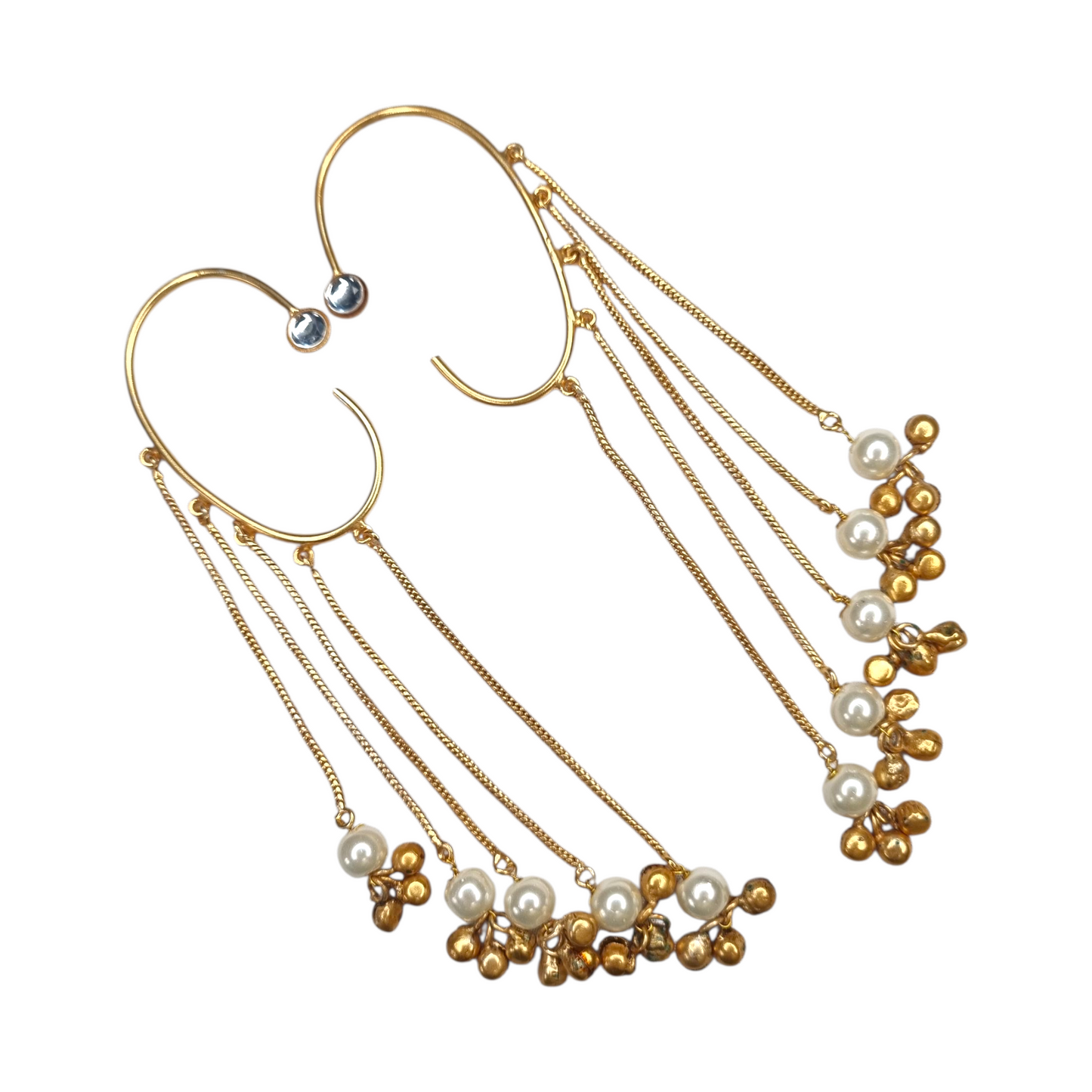 Traditional Kashmiri Dejhoor Earrings, Gold-Tone Brass with Pearl Beads, Chain Tassels