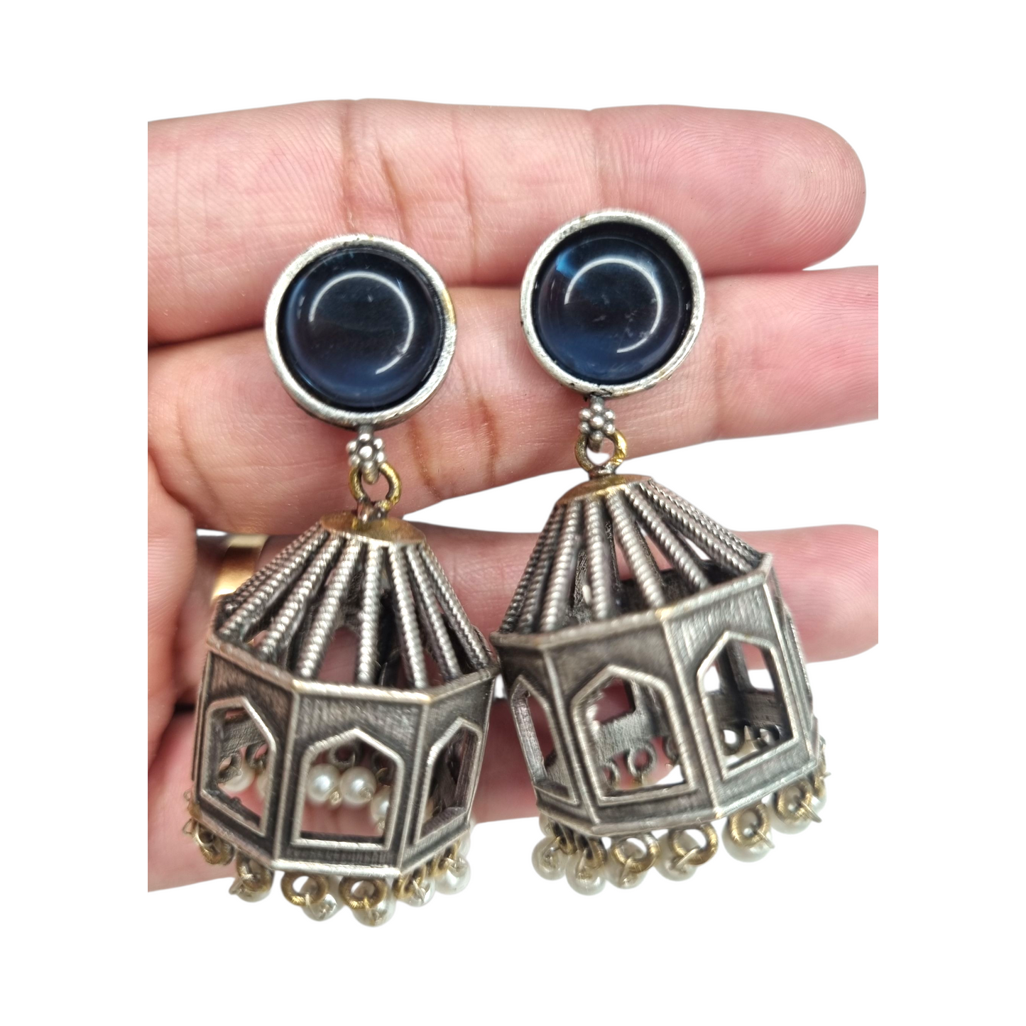 Antique Dome Jhumka Earrings with Red Stone Stud and Pearl Drops | Handmade Oxidized Finish