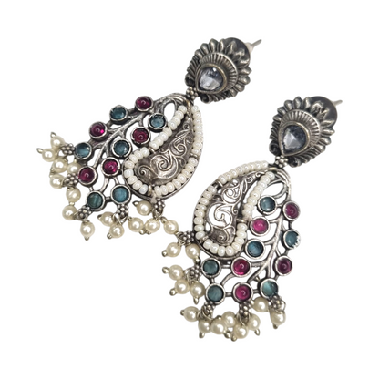 Antique Silver Paisley Earrings with Pearls & Multicolor Stones