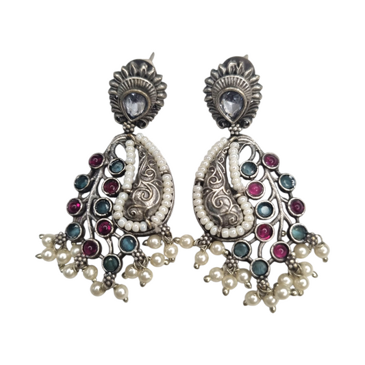 Antique Silver Paisley Earrings with Pearls & Multicolor Stones