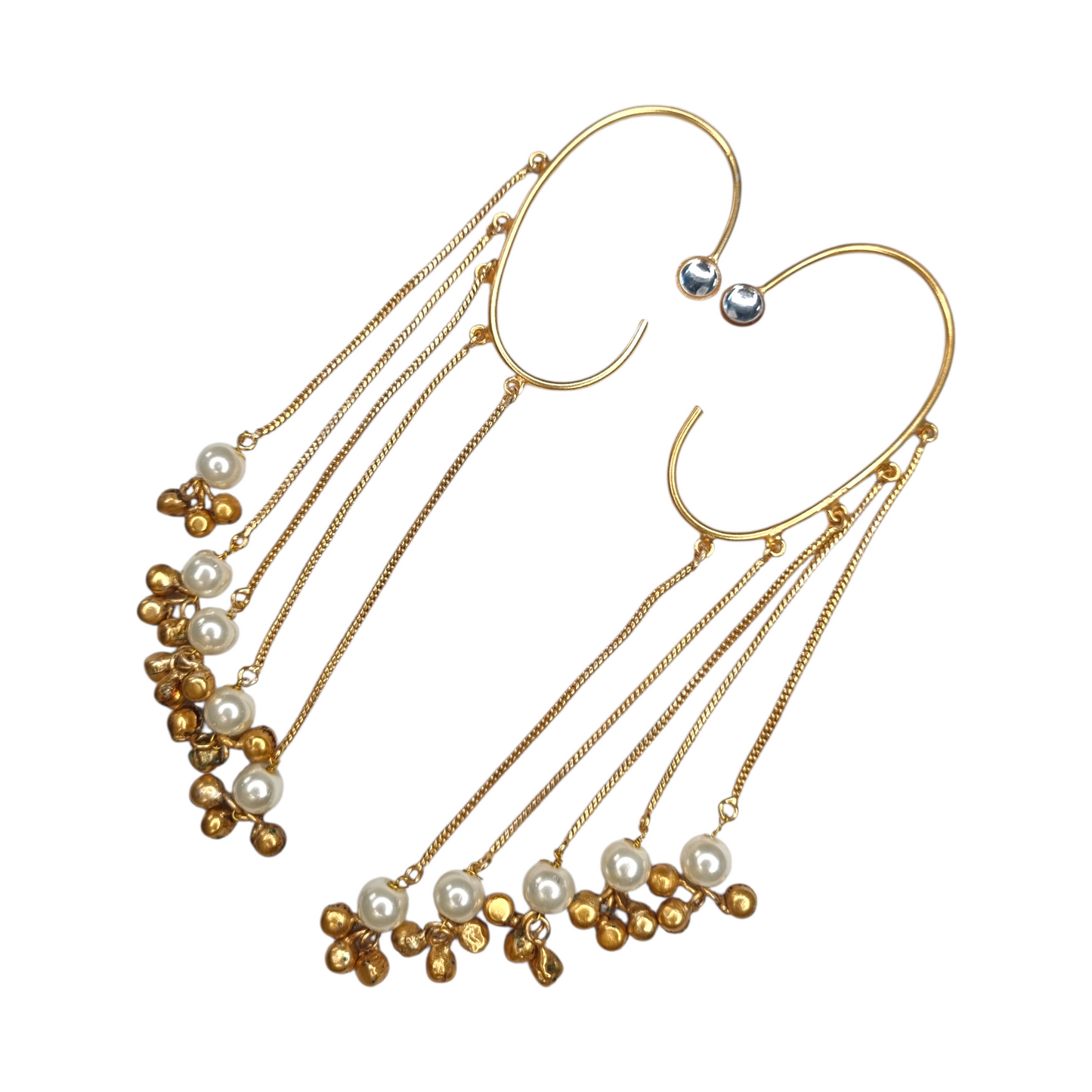 Traditional Kashmiri Dejhoor Earrings, Gold-Tone Brass with Pearl Beads, Chain Tassels