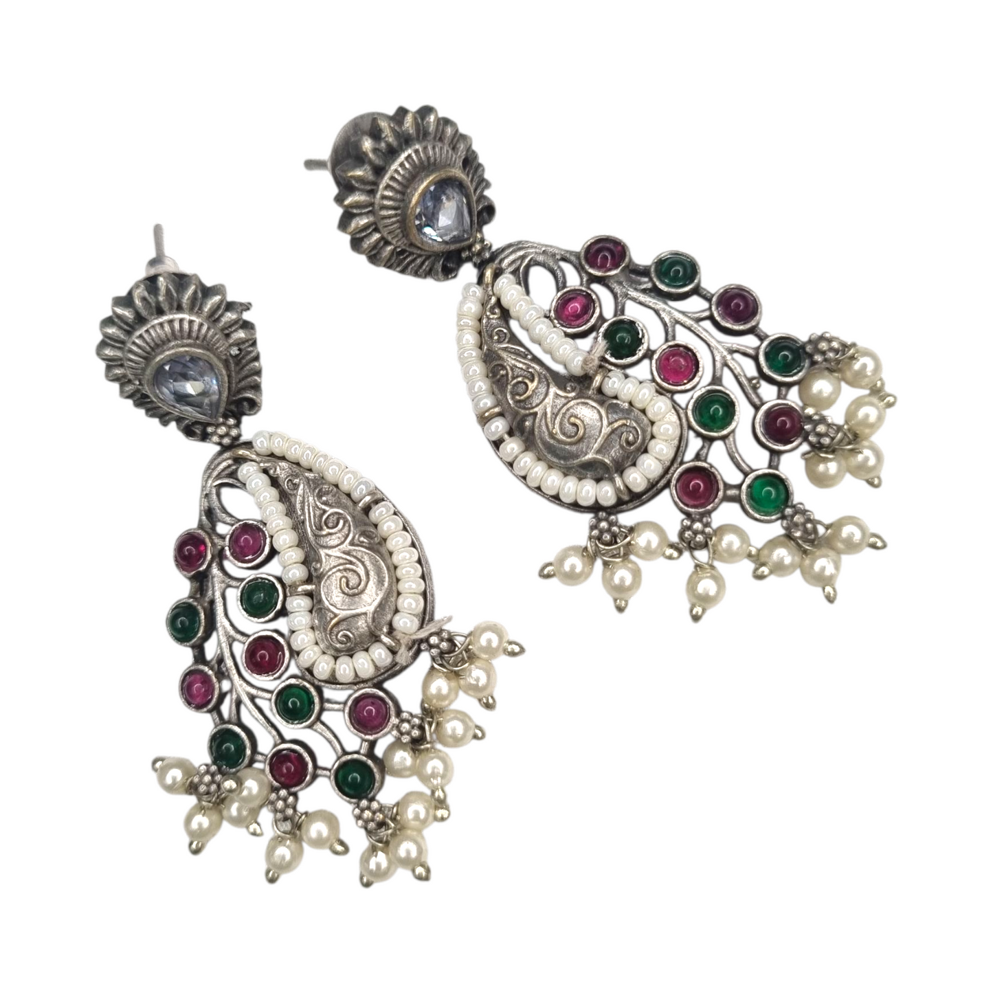 Antique Silver Paisley Earrings with Pearls & Multicolor Stones