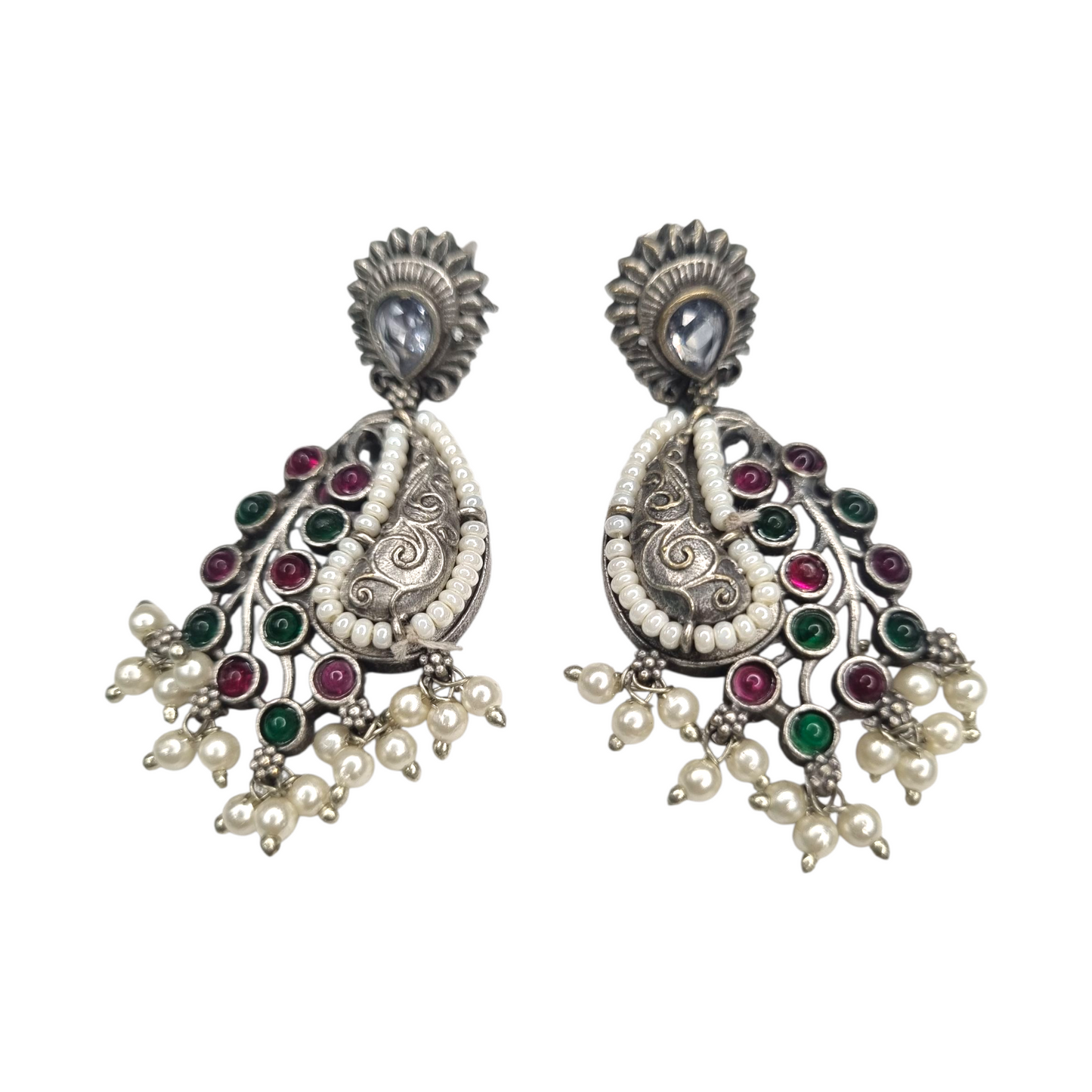 Antique Silver Paisley Earrings with Pearls & Multicolor Stones