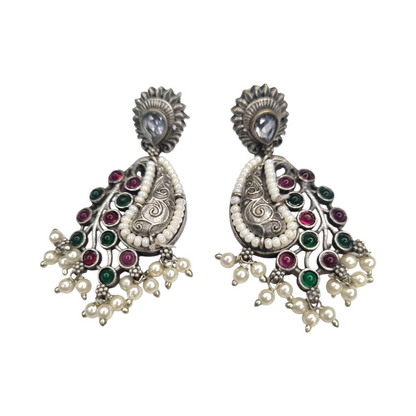 Antique Silver Paisley Earrings with Pearls & Multicolor Stones
