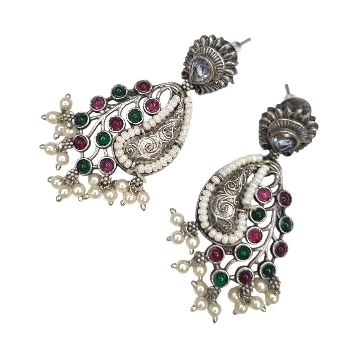 Antique Silver Paisley Earrings with Pearls & Multicolor Stones