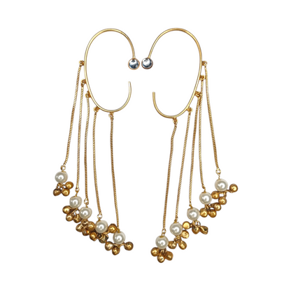 Traditional Kashmiri Dejhoor Earrings, Gold-Tone Brass with Pearl Beads, Chain Tassels