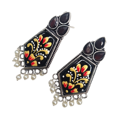 Hand-Painted Black Enamel Floral Earrings with Pearl Drops | Traditional Indian Dangler Jewelry for Women & Girls
