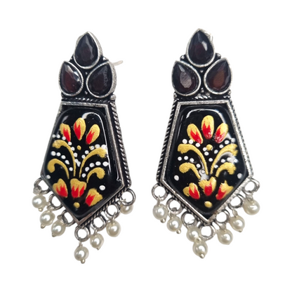 Hand-Painted Black Enamel Floral Earrings with Pearl Drops | Traditional Indian Dangler Jewelry for Women & Girls