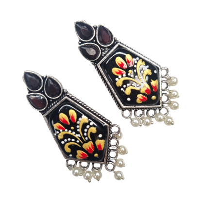 Hand-Painted Black Enamel Floral Earrings with Pearl Drops | Traditional Indian Dangler Jewelry for Women & Girls