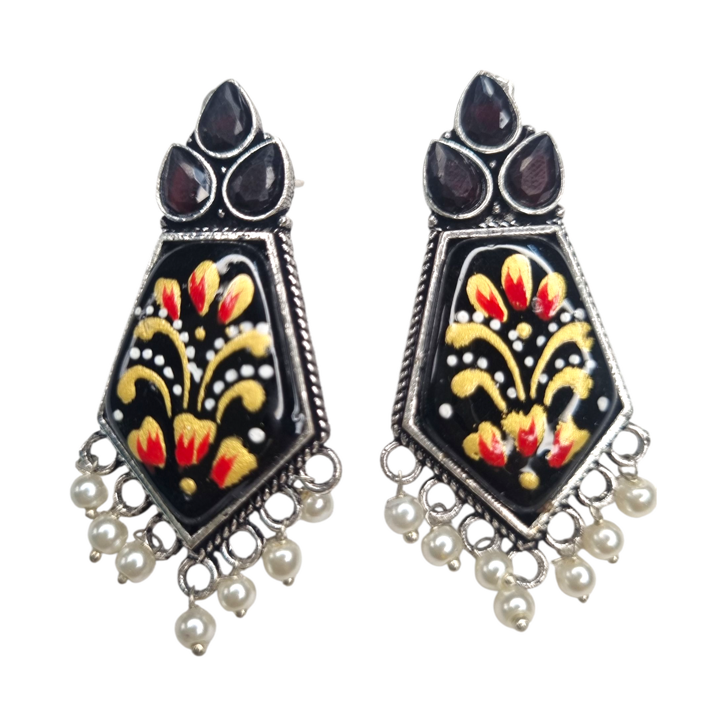 Hand-Painted Black Enamel Floral Earrings with Pearl Drops | Traditional Indian Dangler Jewelry for Women & Girls