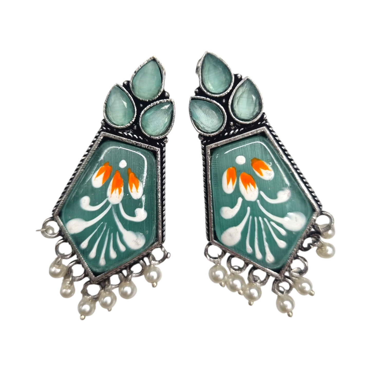 Hand-Painted Black Enamel Floral Earrings with Pearl Drops | Traditional Indian Dangler Jewelry for Women & Girls