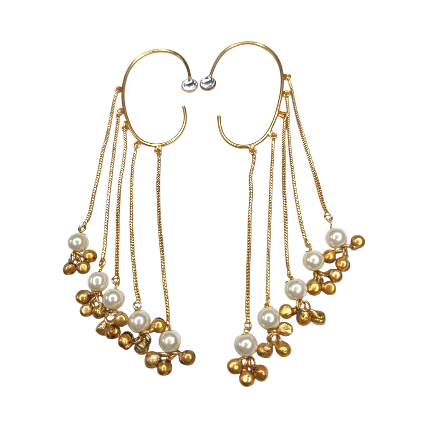 Traditional Kashmiri Dejhoor Earrings, Gold-Tone Brass with Pearl Beads, Chain Tassels