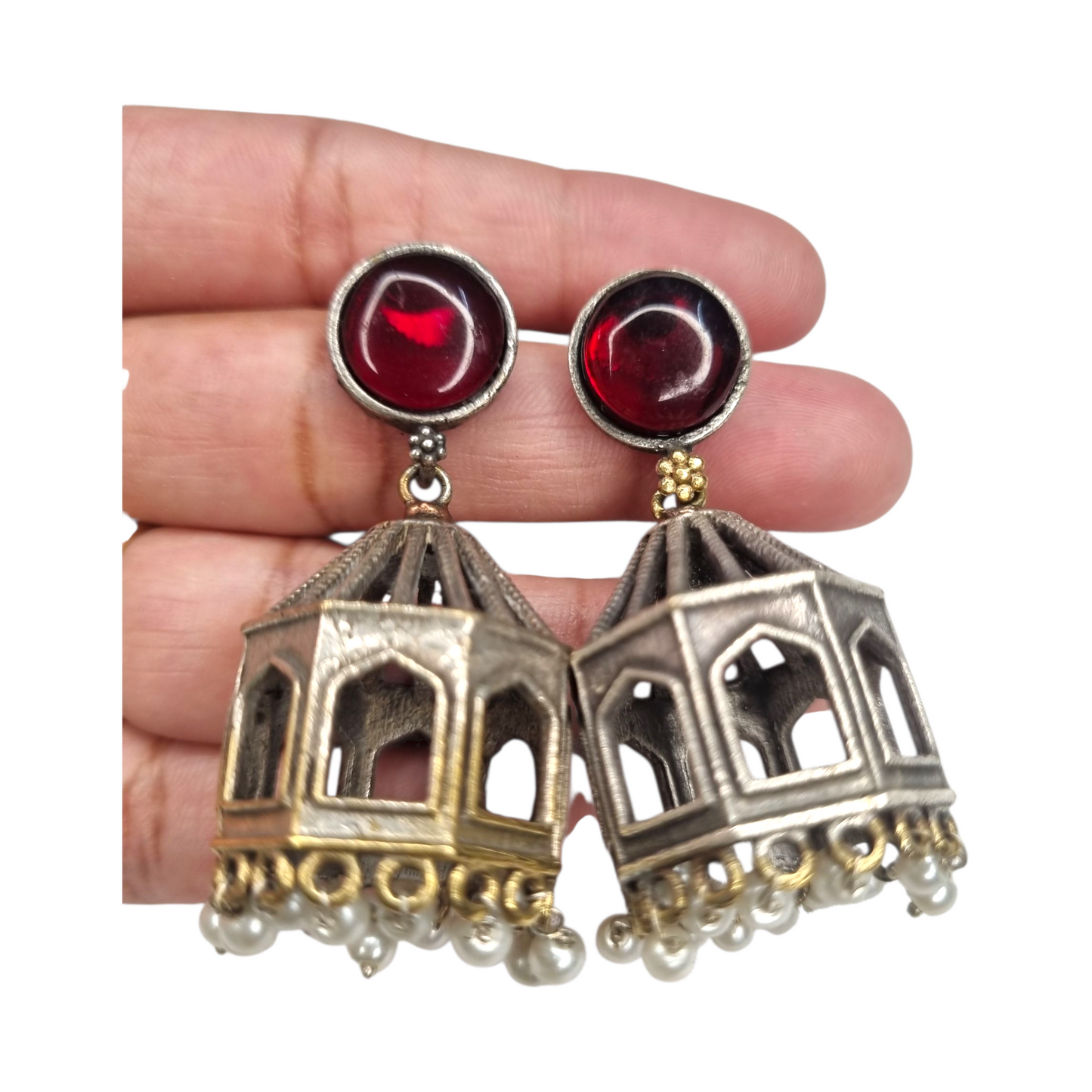 Antique Dome Jhumka Earrings with Red Stone Stud and Pearl Drops | Handmade Oxidized Finish