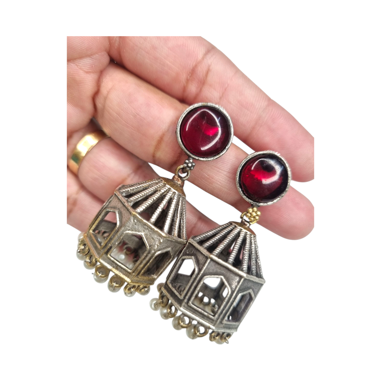 Antique Dome Jhumka Earrings with Red Stone Stud and Pearl Drops | Handmade Oxidized Finish