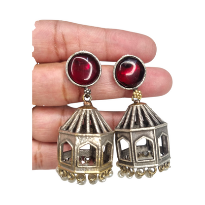 Antique Dome Jhumka Earrings with Red Stone Stud and Pearl Drops | Handmade Oxidized Finish