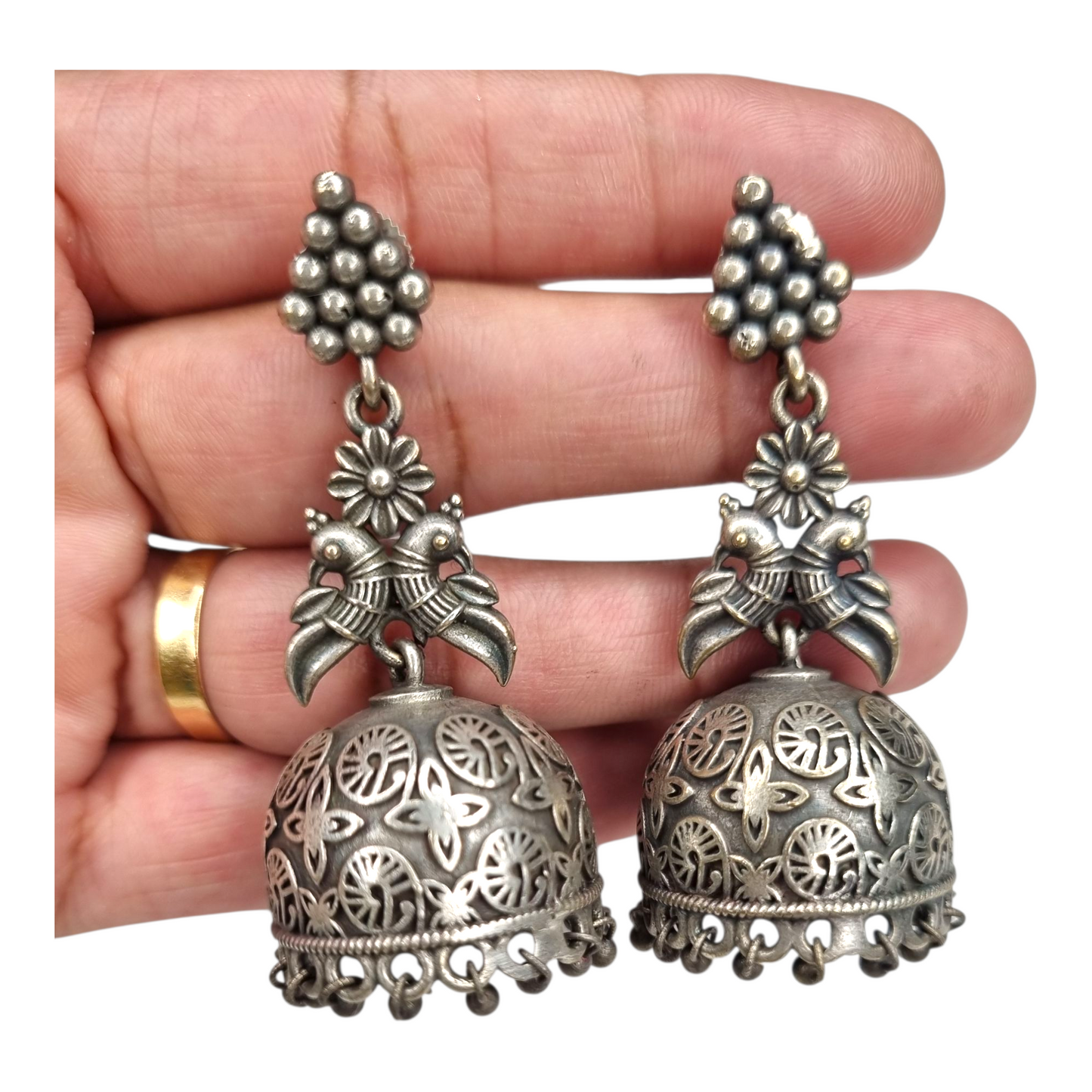 Jhumka Earrings with Parrot Motif – Antique Finish Ethnic Dangle Jewelry