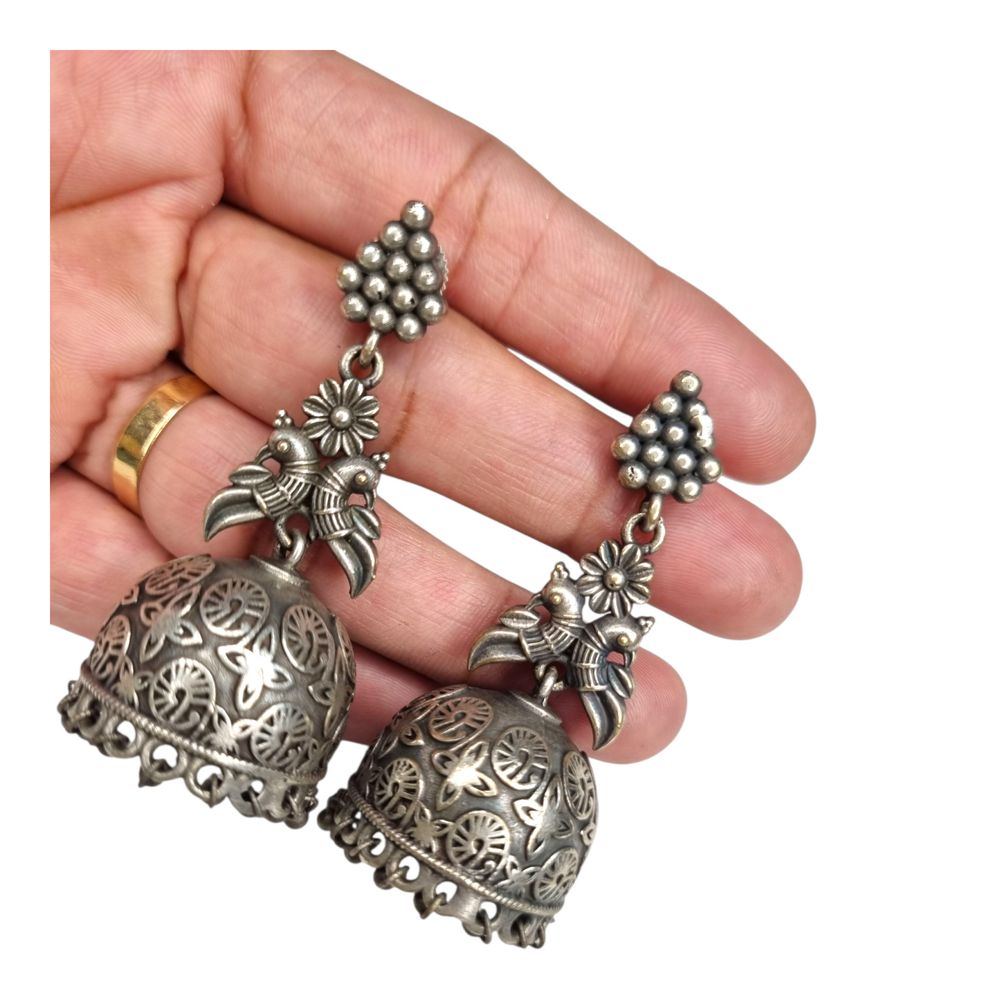 Jhumka Earrings with Parrot Motif – Antique Finish Ethnic Dangle Jewelry