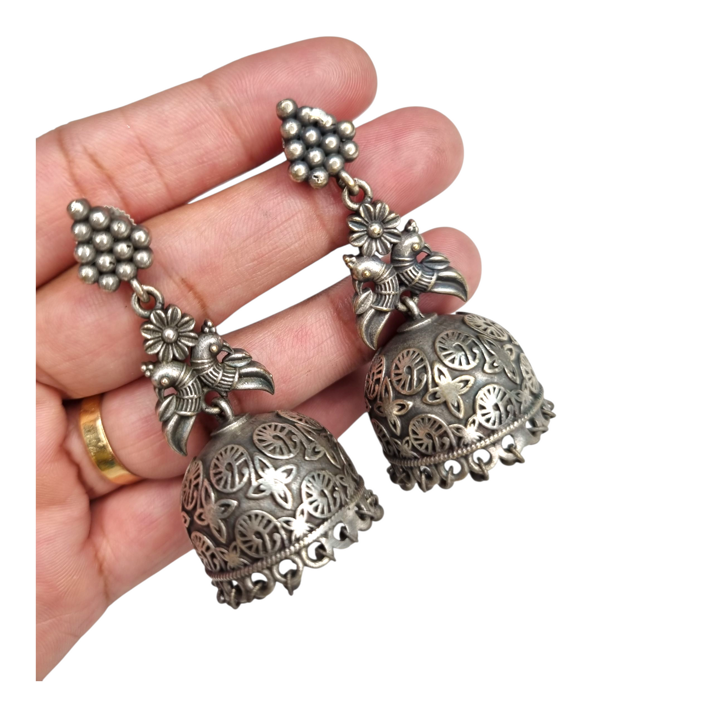 Jhumka Earrings with Parrot Motif – Antique Finish Ethnic Dangle Jewelry