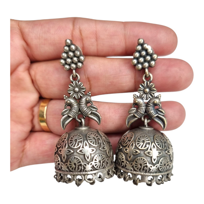 Jhumka Earrings with Parrot Motif – Antique Finish Ethnic Dangle Jewelry