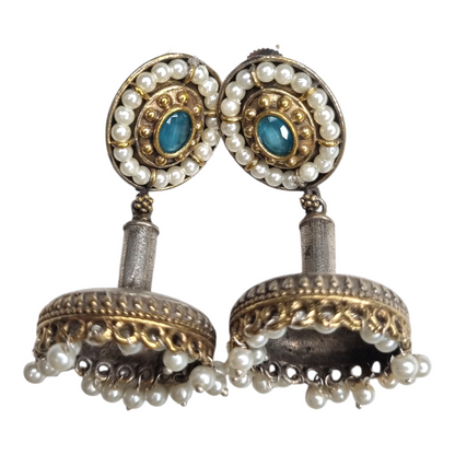 Oxidized Brass Jhumka Earrings with Blue Stone & Pearl Detailing