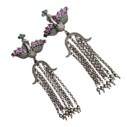Oxidized Silver Peacock Jhumka Earrings with Green & Purple Stones – Traditional Indian Ethnic Dangle Jewelry for Women