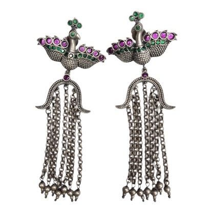 Oxidized Silver Peacock Jhumka Earrings with Green & Purple Stones – Traditional Indian Ethnic Dangle Jewelry for Women