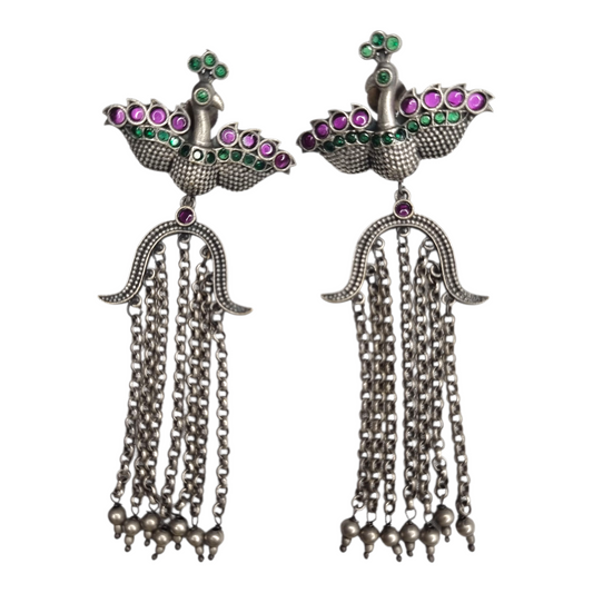 Oxidized Silver Peacock Jhumka Earrings with Green & Purple Stones – Traditional Indian Ethnic Dangle Jewelry for Women